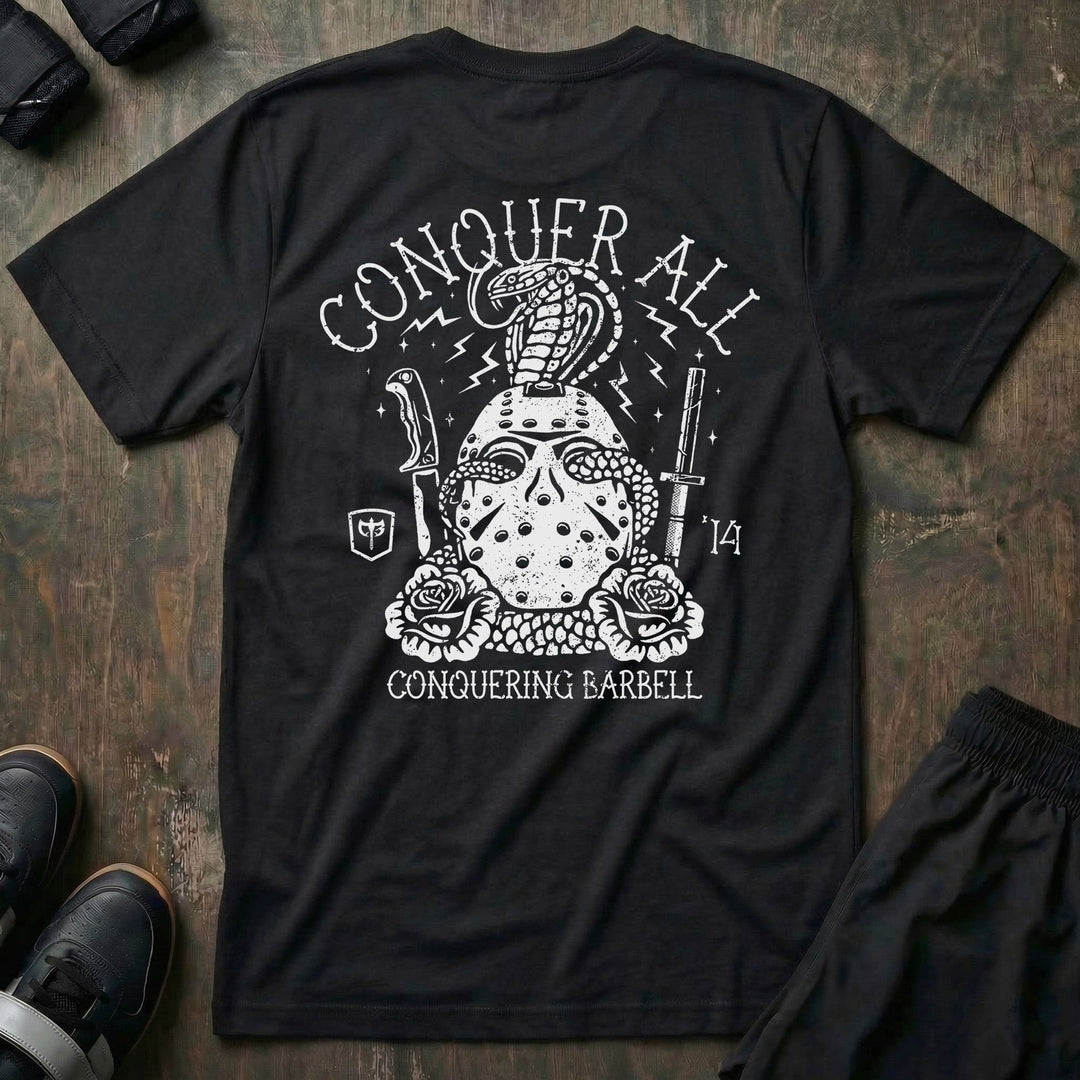 Conquer All Mask tee in Black: a distressed hockey mask wrapped in a coiling cobra