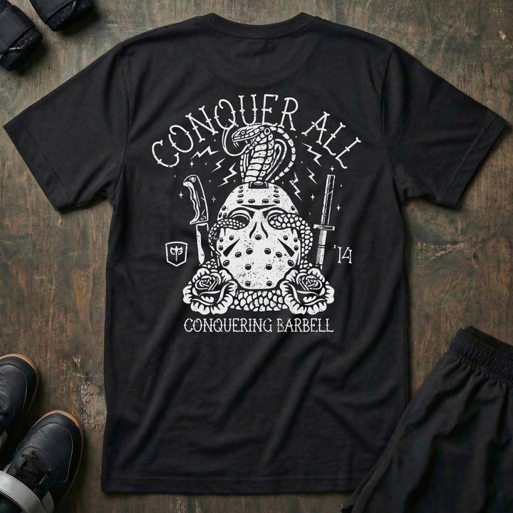 Conquer All Mask tee in Black: a distressed hockey mask wrapped in a coiling cobra