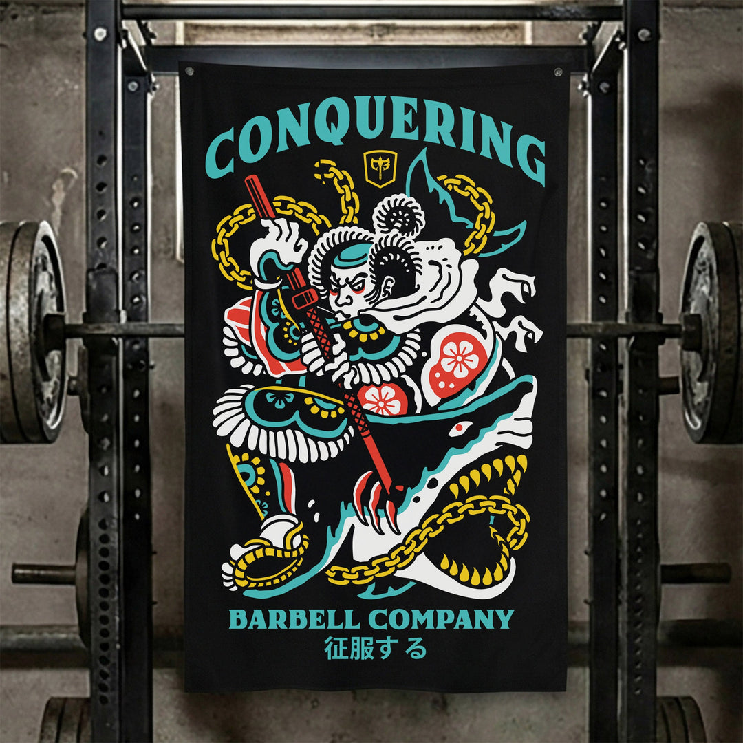 Conquer - Bushido - Polyester Flag, vertical black gym flag with tattoo-style tiger samurai with a katana and chains - Conquering Barbell