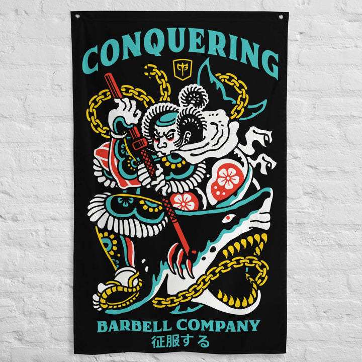 Conquer - Bushido - Polyester Flag, vertical gym flag hanging in a home gym - Conquering Barbell