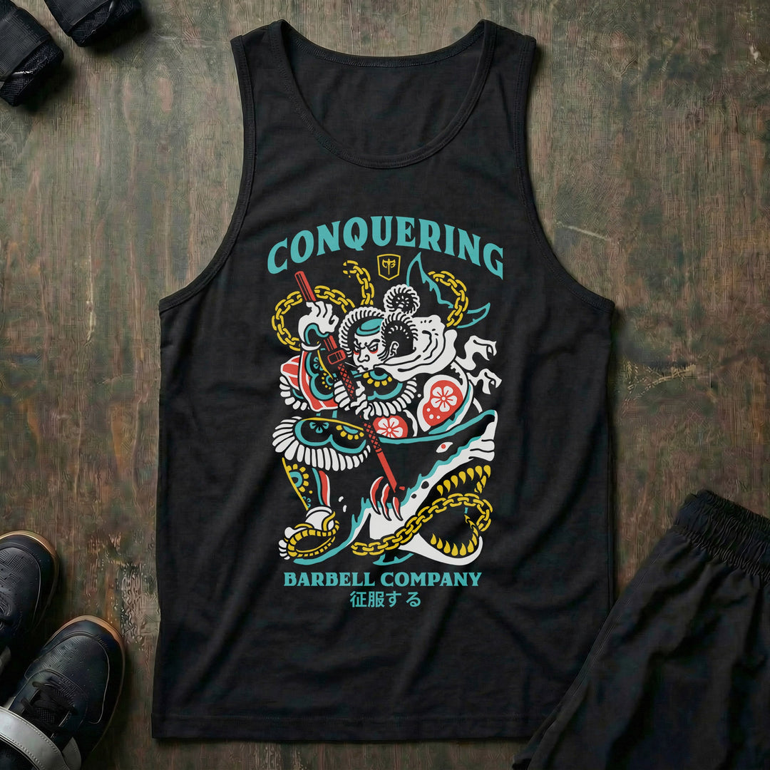Conquer - Bushido - on Black tank top - Conquering Barbell