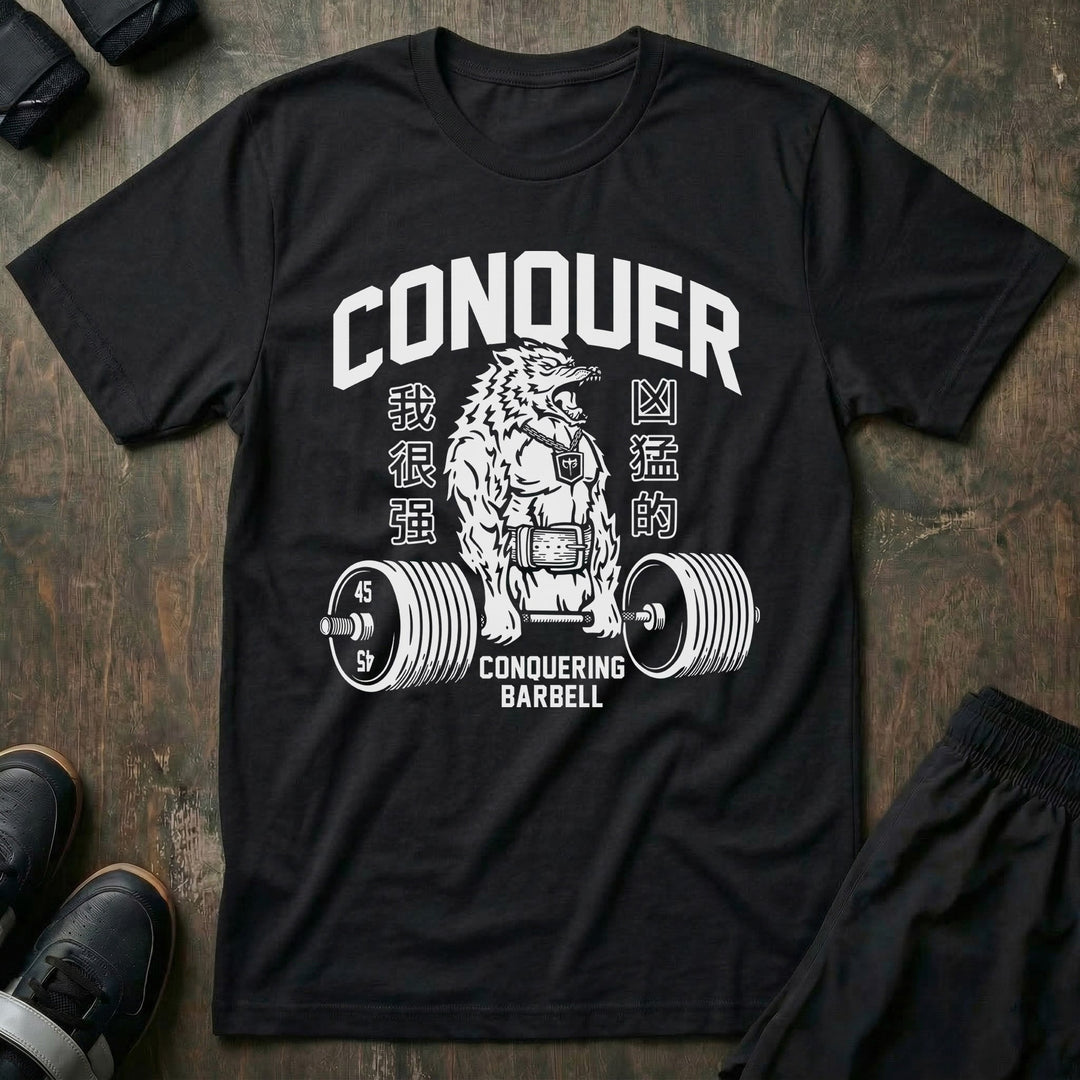 Conquer - Deadlifting Wolf - Black Tee - Conquering Barbell