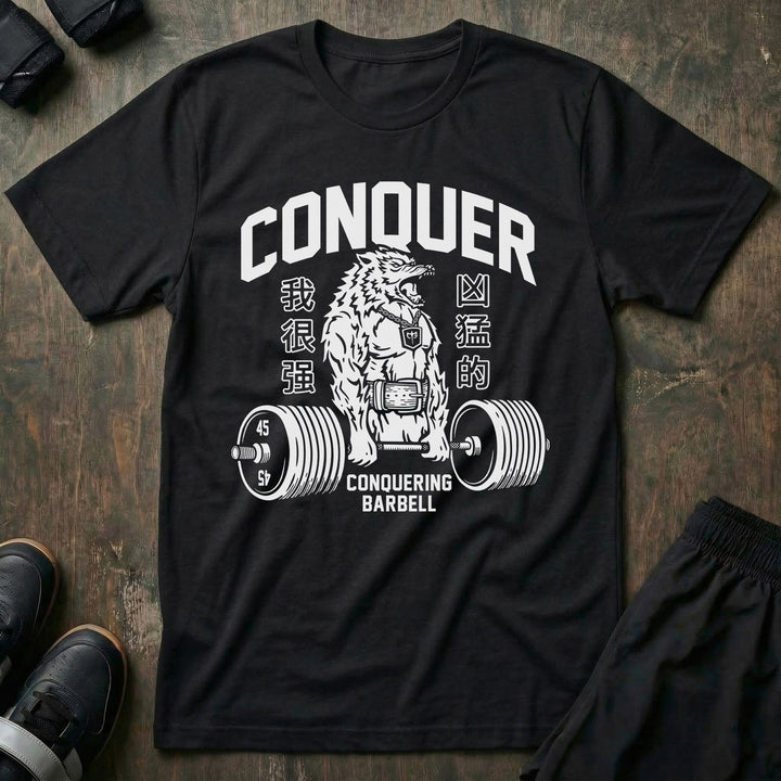 Conquer - Deadlifting Wolf - Black Tee - Conquering Barbell