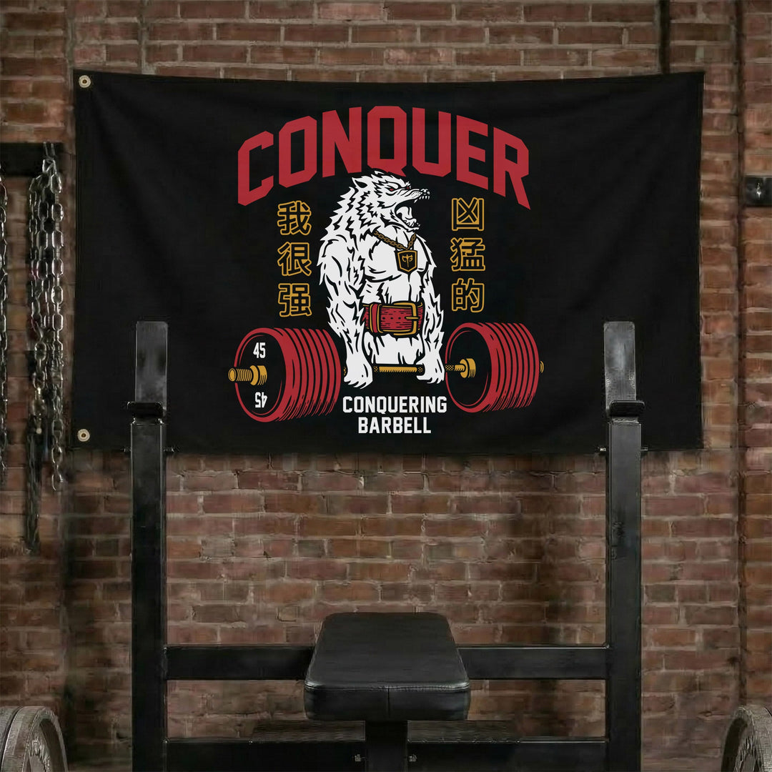 Conquer - Deadlifting Wolf V2 - 3' x 5' Polyester Flag - Conquering Barbell