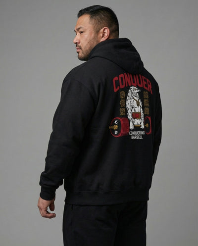 Conquer - Deadlifting Wolf V2 - on Black Pullover Hoodie - Conquering Barbell