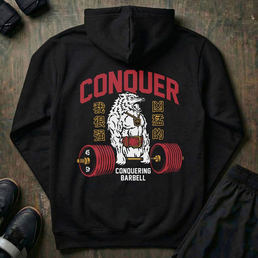 Conquer - Deadlifting Wolf V2 - on Black Pullover Hoodie - Conquering Barbell