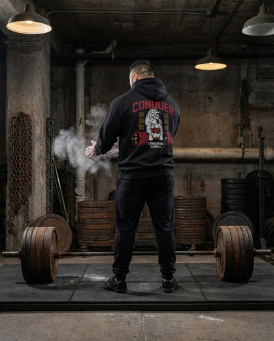 Conquer - Deadlifting Wolf V2 - on Black Pullover Hoodie - Conquering Barbell