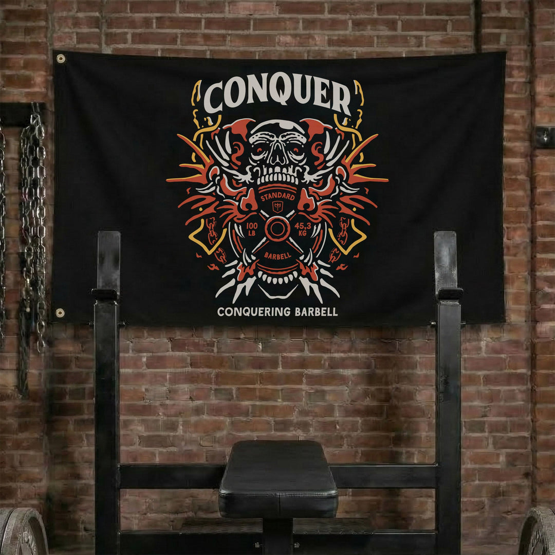 Conquer Dragon - Polyester Flag, horizontal black gym flag with dragon head in tattoo-flash red, teal and gold - Conquering Barbell