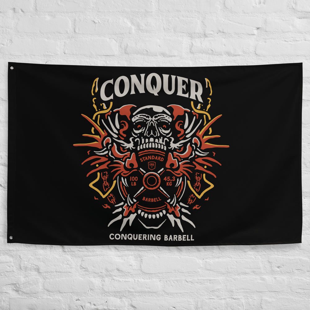 Conquer Dragon - Polyester Flag, horizontal gym flag hanging in a home gym - Conquering Barbell