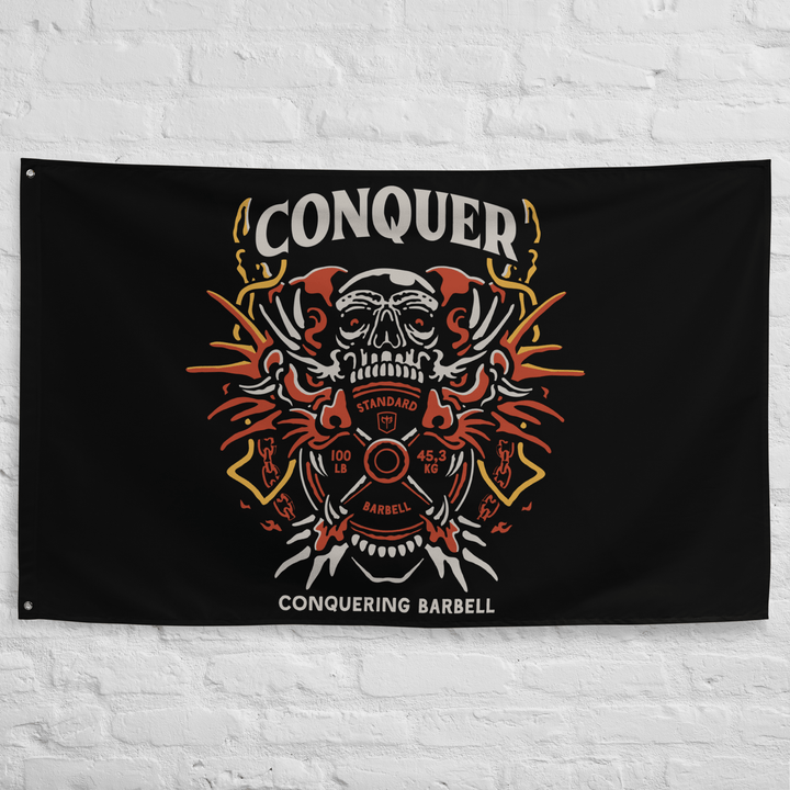Conquer Dragon - Polyester Flag, horizontal gym flag hanging in a home gym - Conquering Barbell