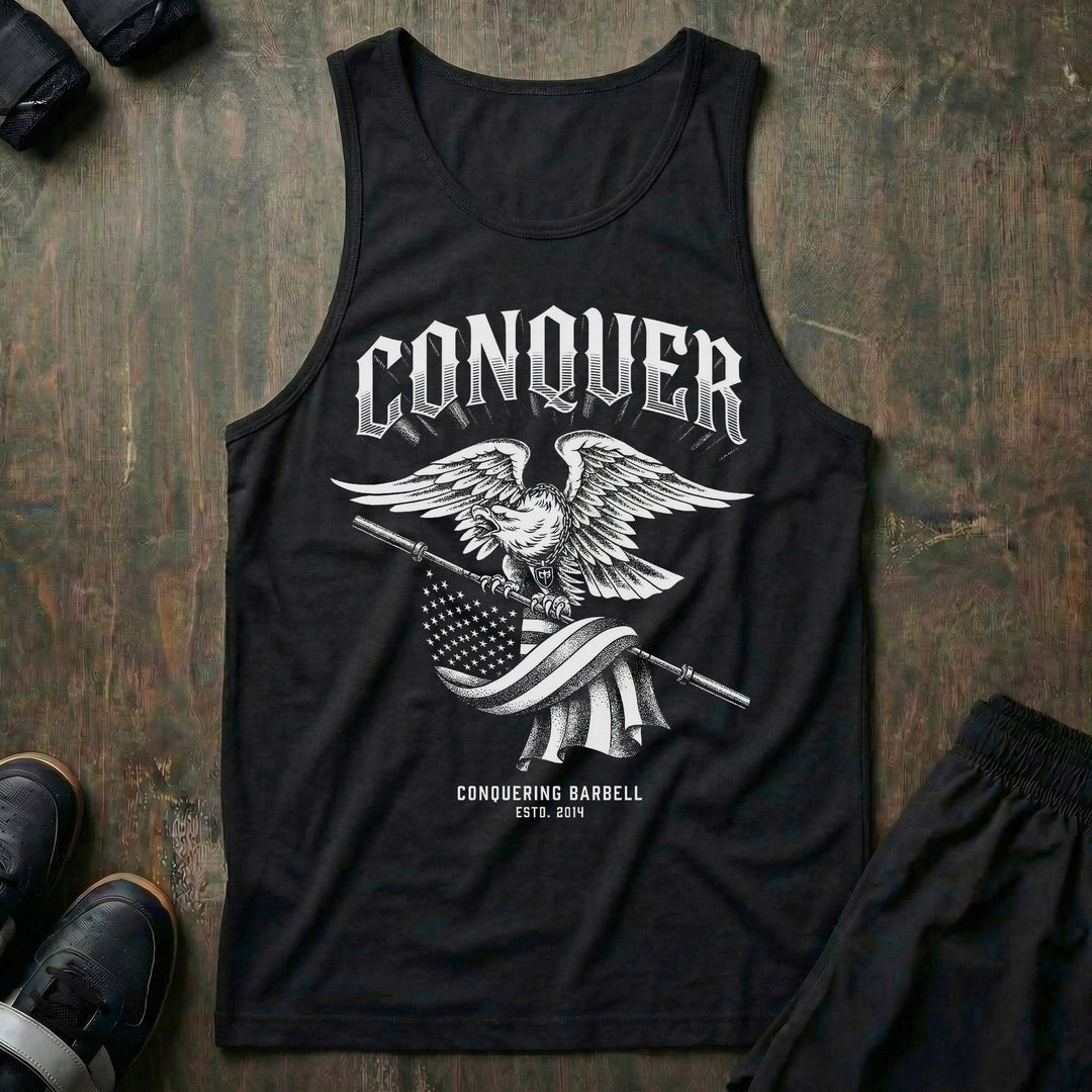 Conquer - Eagle Pride - on Black tank top - Conquering Barbell