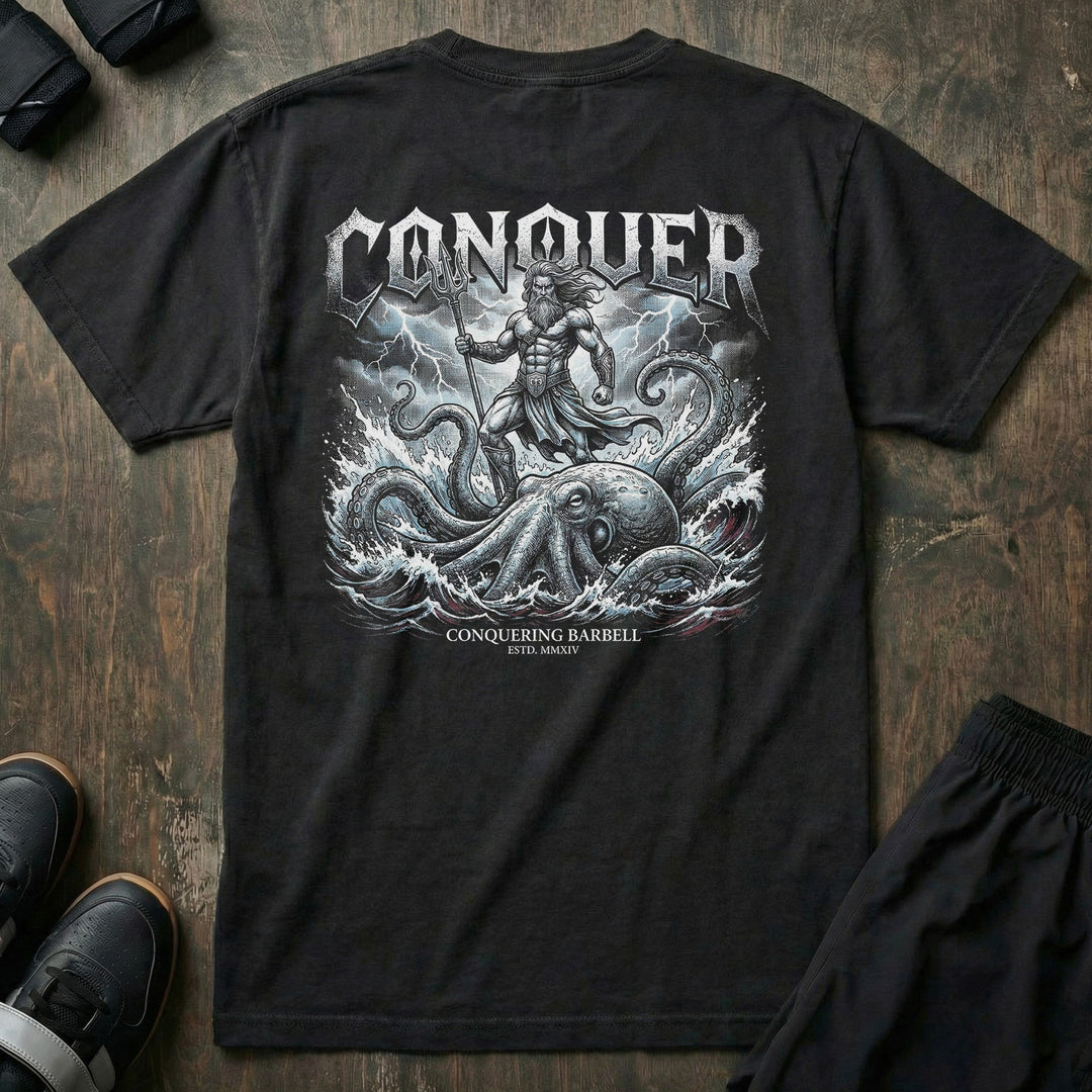 Conquer God of the Seas relaxed fit tee in Black: Poseidon riding a massive kraken rising from the ocean depths