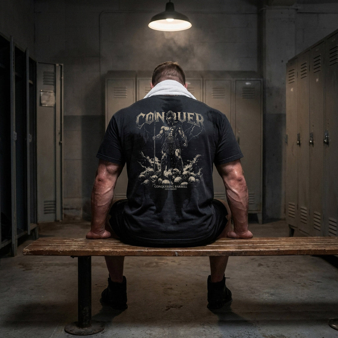 Conquer Ares relaxed fit tee in Black: a Spartan warrior standing atop a mountain of skulls