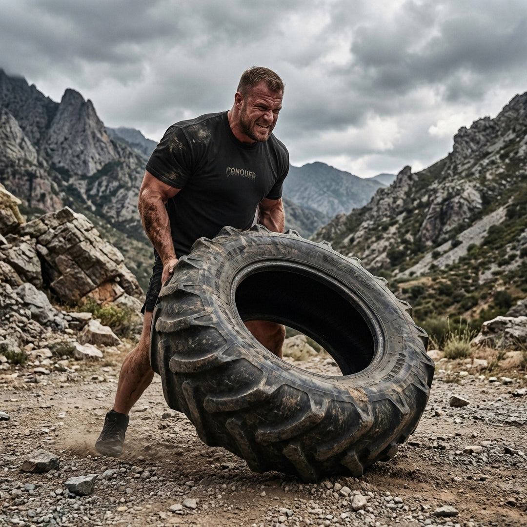 Conquer Ares relaxed fit tee in Black: a Spartan warrior standing atop a mountain of skulls