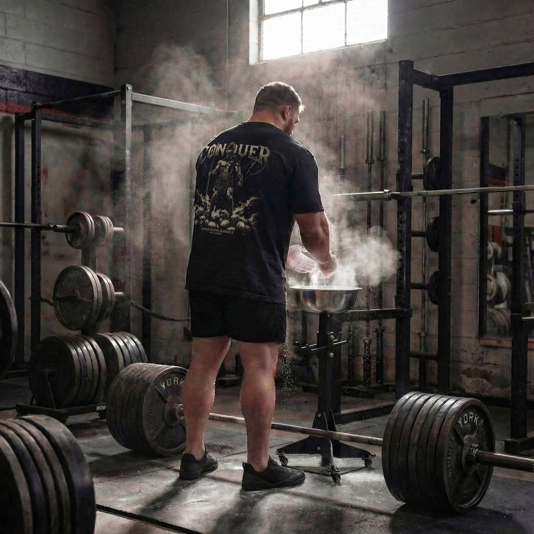 Conquer Ares relaxed fit tee in Black: a Spartan warrior standing atop a mountain of skulls