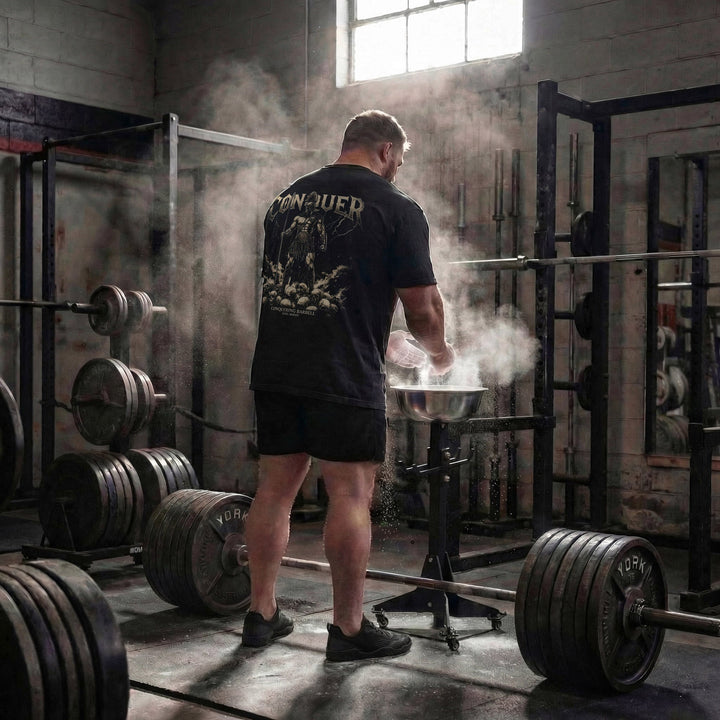Conquer Ares relaxed fit tee in Black: a Spartan warrior standing atop a mountain of skulls