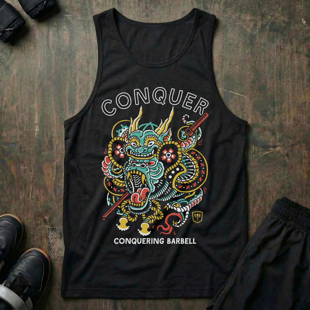 Conquer - Gorilla - on Black tank top - Conquering Barbell