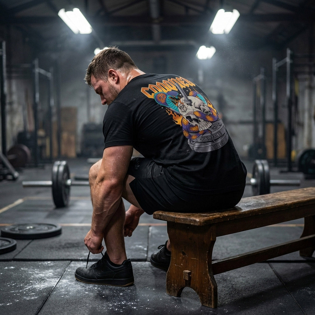 Conquer King Cobra tee in Black: a skull with twin king cobras coiled through it and a barbell piercing the center