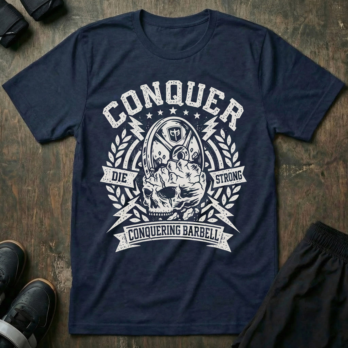 Conquer Last Rep tee in Navy: a cracked skull driven beneath a loaded iron plate