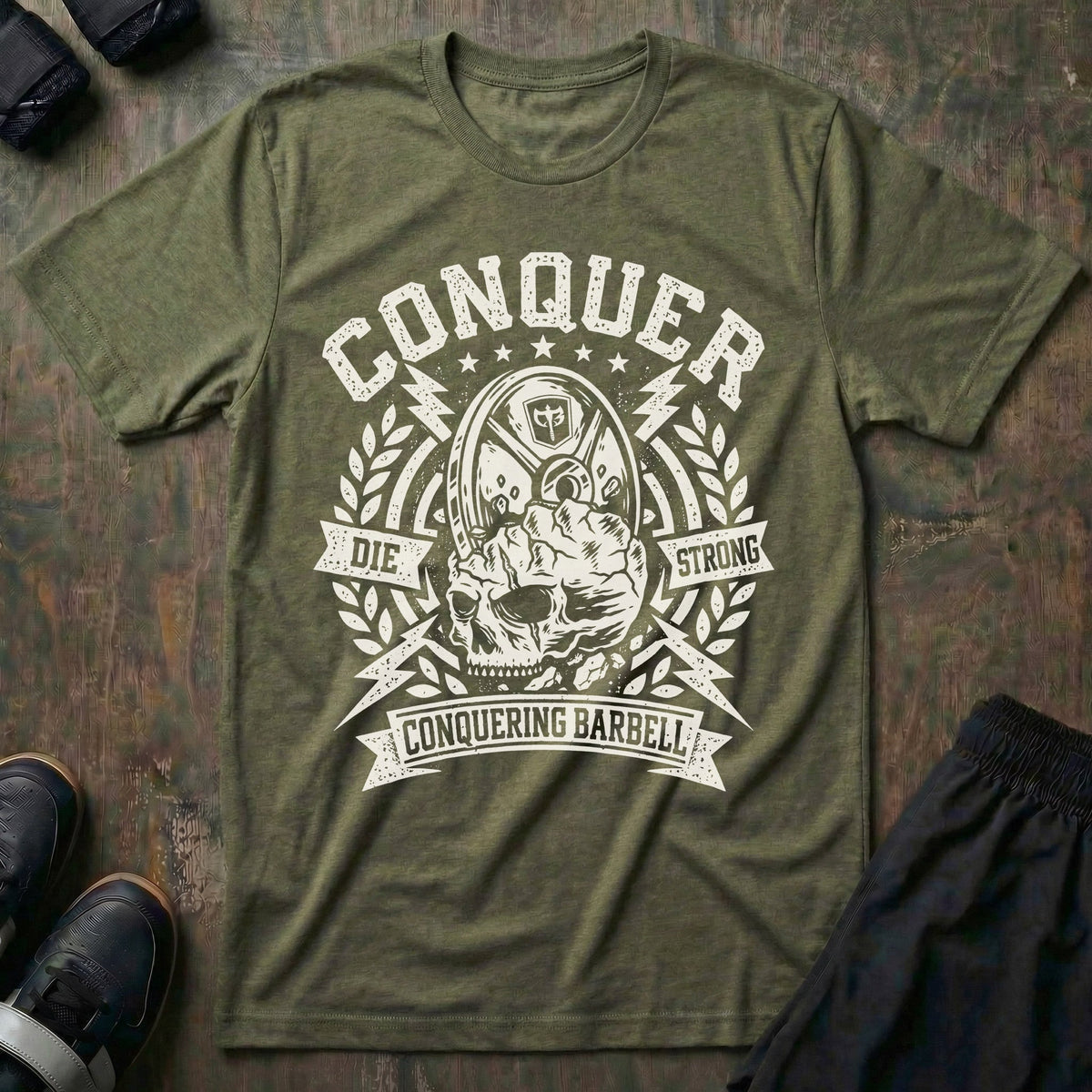 Conquer Last Rep tee in Military: a cracked skull driven beneath a loaded iron plate