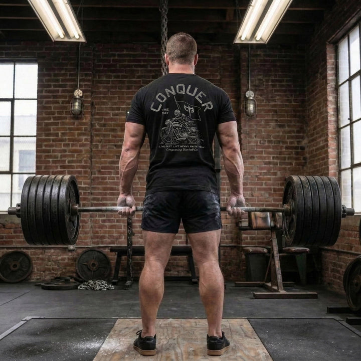 Conquer Motorcycle Club tee in Black: a skeleton rider flying the CB flag on his chopper