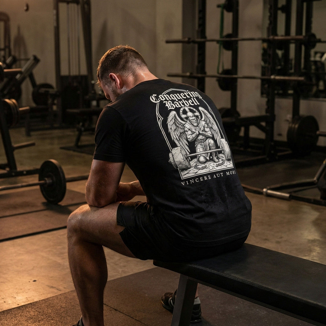 Conquer or Die Monk tee in Black: a winged warrior angel kneeling over a barbell inside a gothic archway