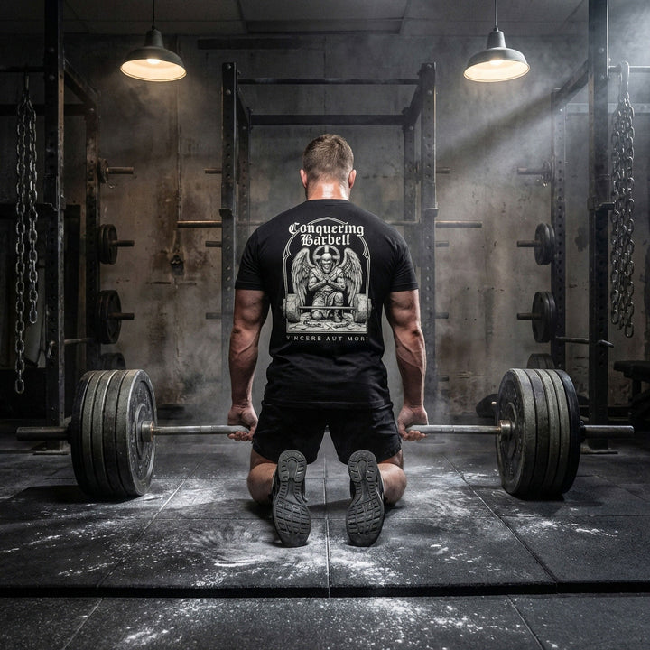 Conquer or Die Monk tee in Black: a winged warrior angel kneeling over a barbell inside a gothic archway