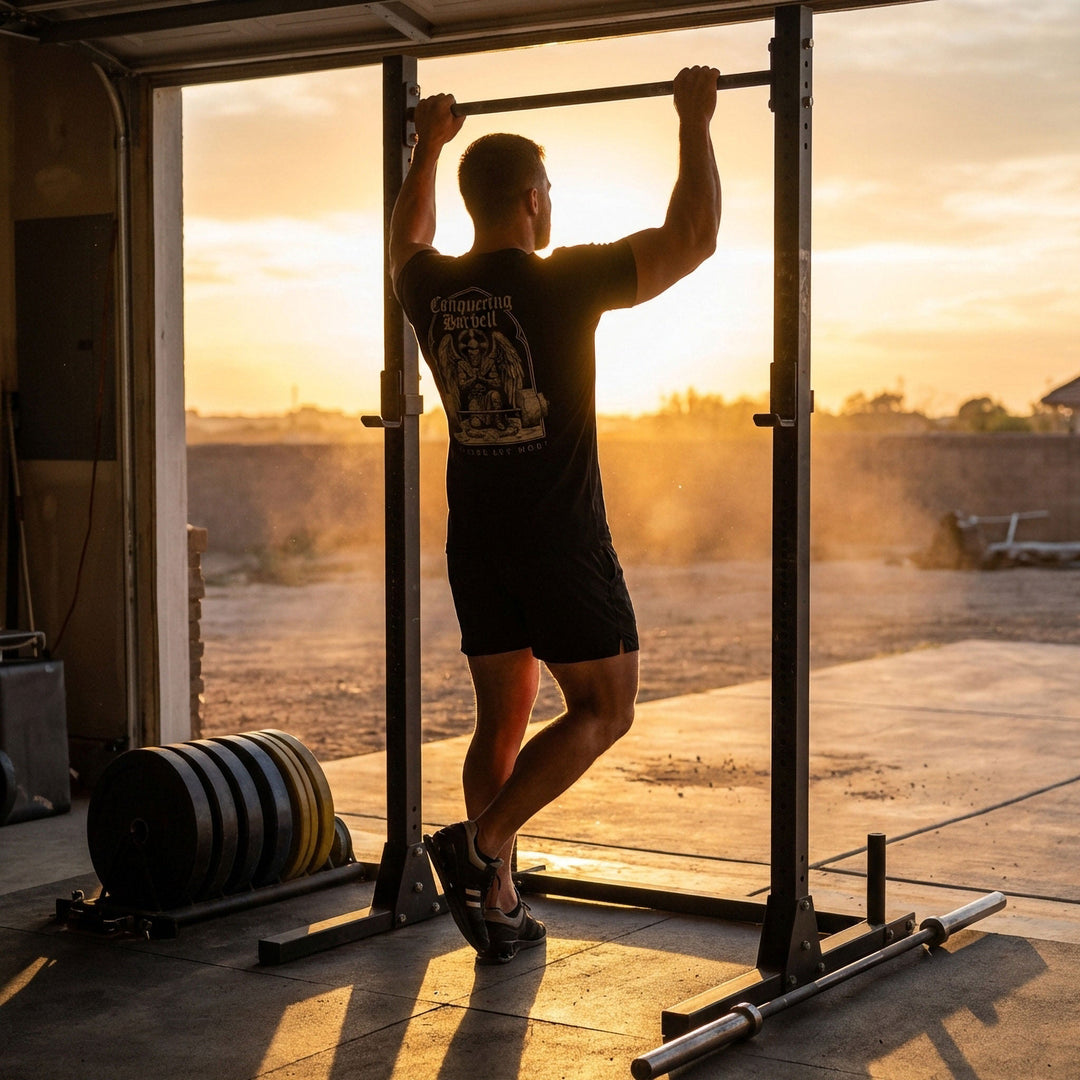 Conquer or Die Monk tee in Black: a winged warrior angel kneeling over a barbell inside a gothic archway