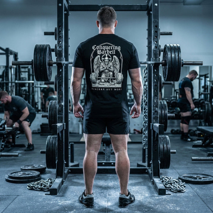 Conquer or Die Monk tee in Black: a winged warrior angel kneeling over a barbell inside a gothic archway