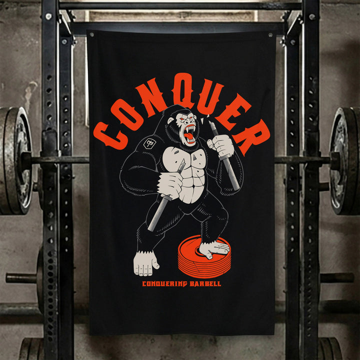 Conquer - Raging Gorilla - Polyester Flag, vertical black gym flag with furious gorilla in a tank top gripping a red plate - Conquering Barbell