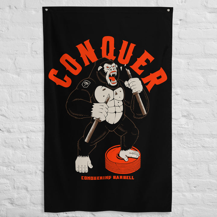 Conquer - Raging Gorilla - Polyester Flag, vertical gym flag hanging in a home gym - Conquering Barbell
