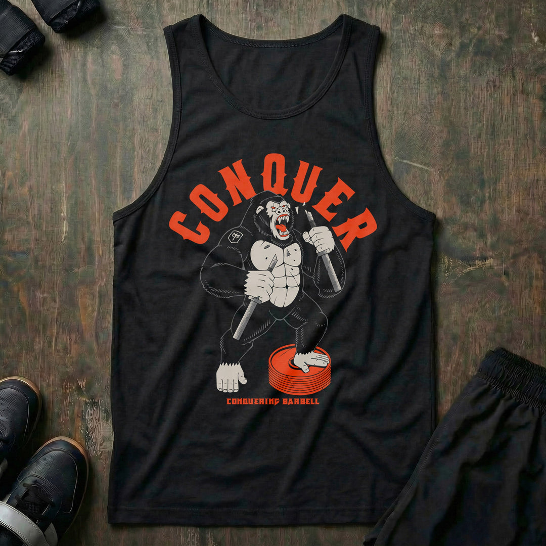 Conquer - Raging Gorilla - on Black tank top - Conquering Barbell