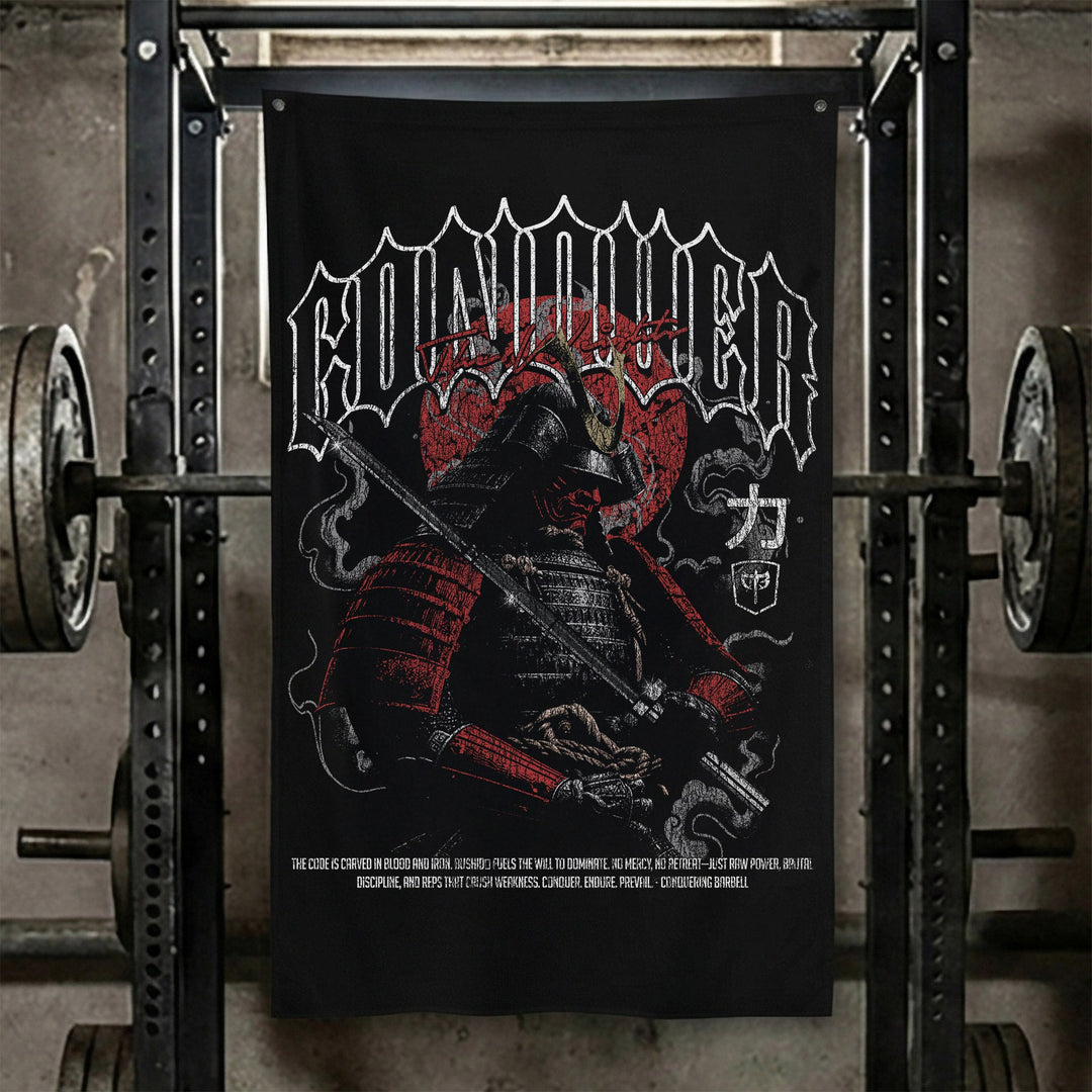 Conquer Ronin - Polyester Flag, vertical black gym flag with straw-hatted ronin with a katana under a red sun - Conquering Barbell