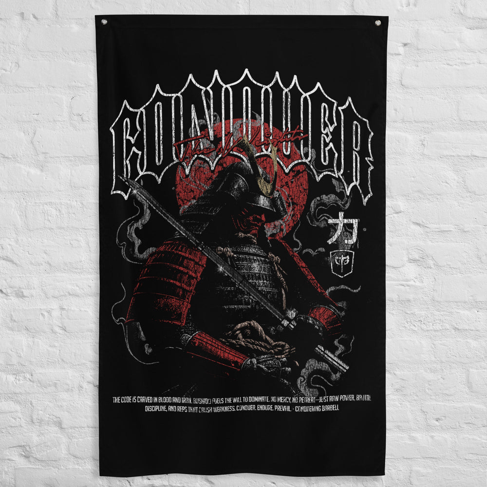 Conquer Ronin - Polyester Flag, vertical gym flag hanging in a home gym - Conquering Barbell