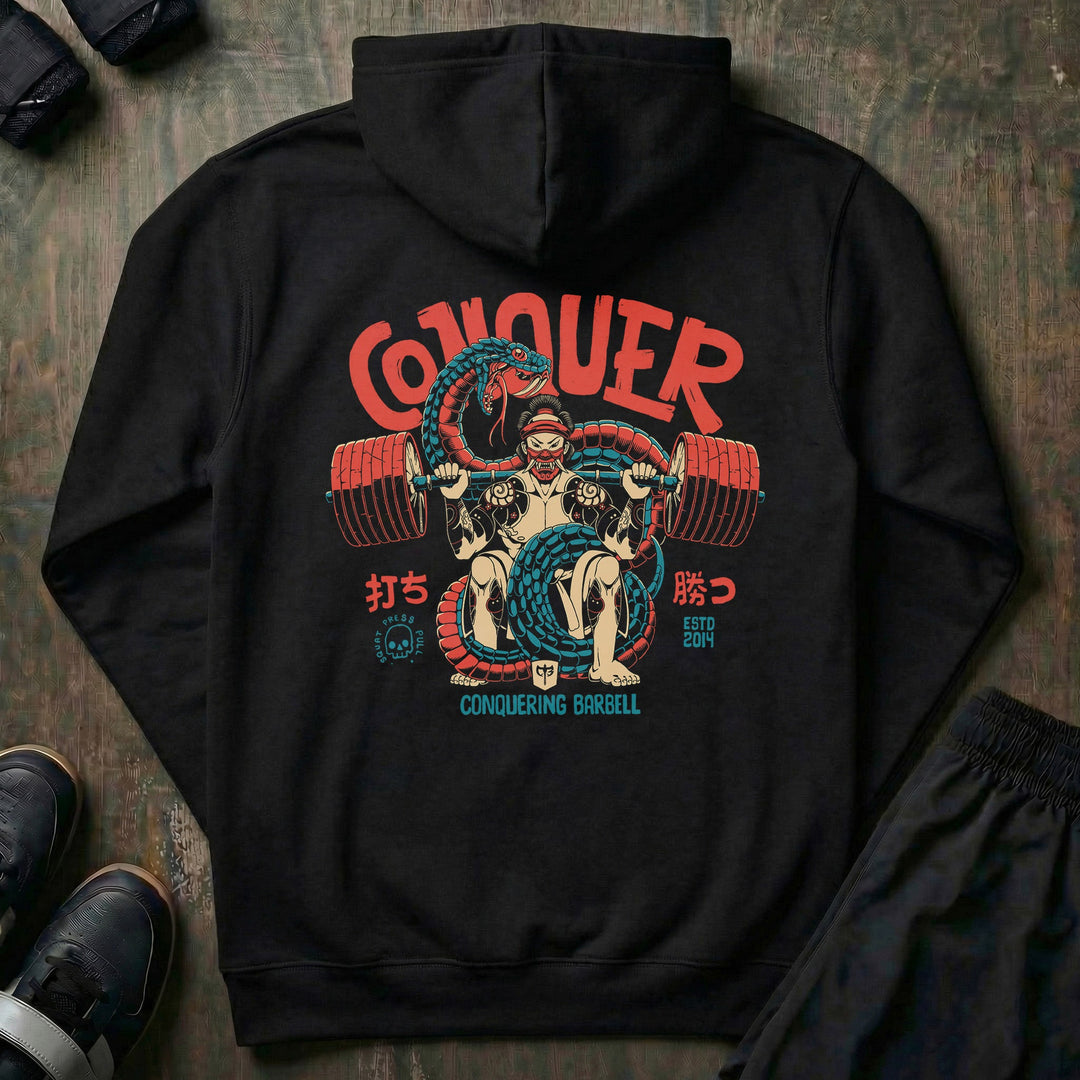 Conquer - Samurai - on Black Pullover Hoodie - Conquering Barbell