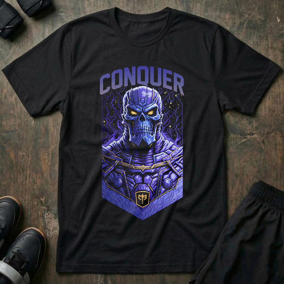 Conquer the Universe tee in Black: a masked cosmic warlord glowing in violet armor