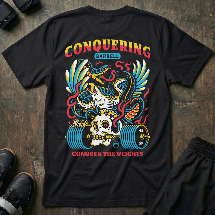Conquer The Weights - Air Raid - Black Tee - Conquering Barbell