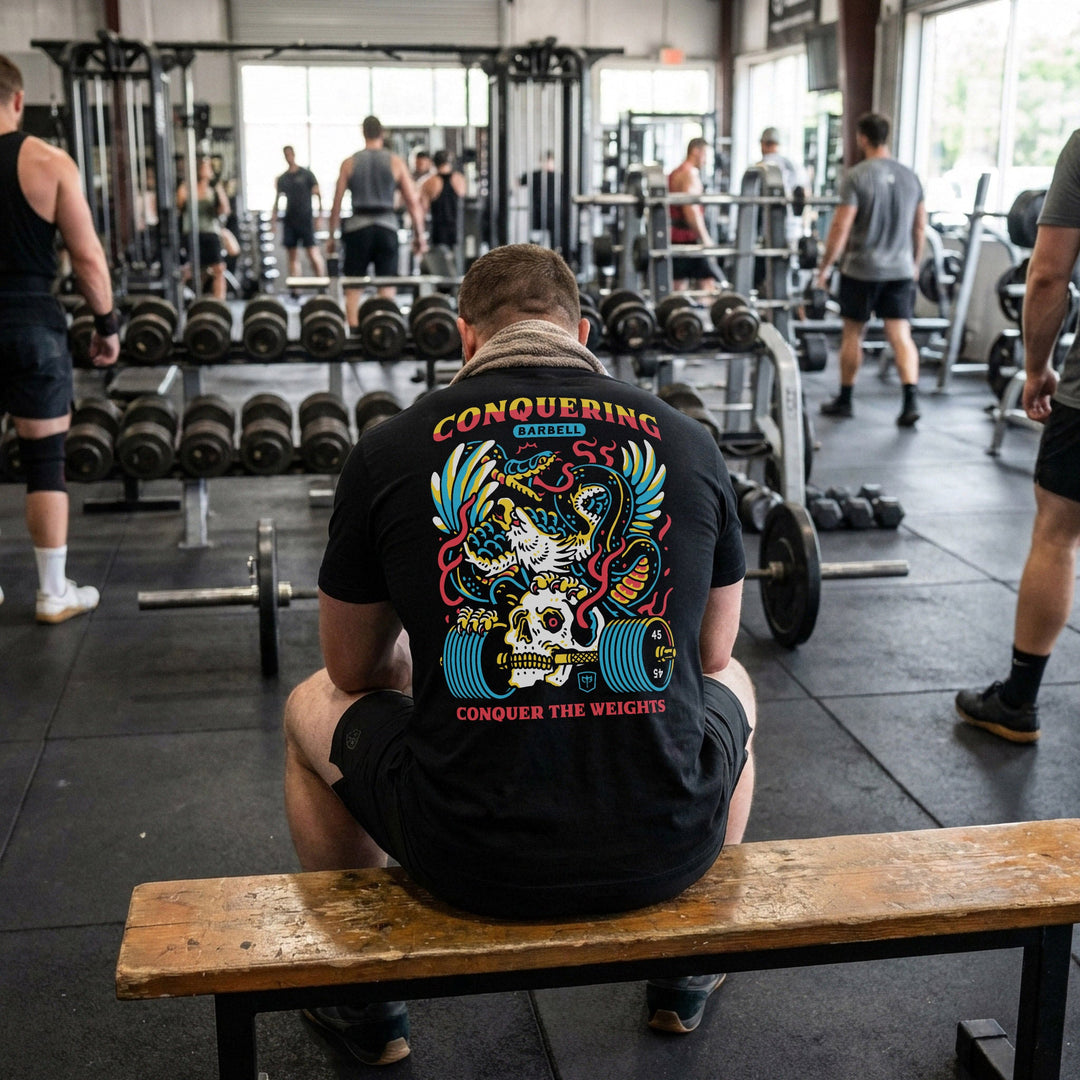 Conquer The Weights - Air Raid - Black Tee - Conquering Barbell