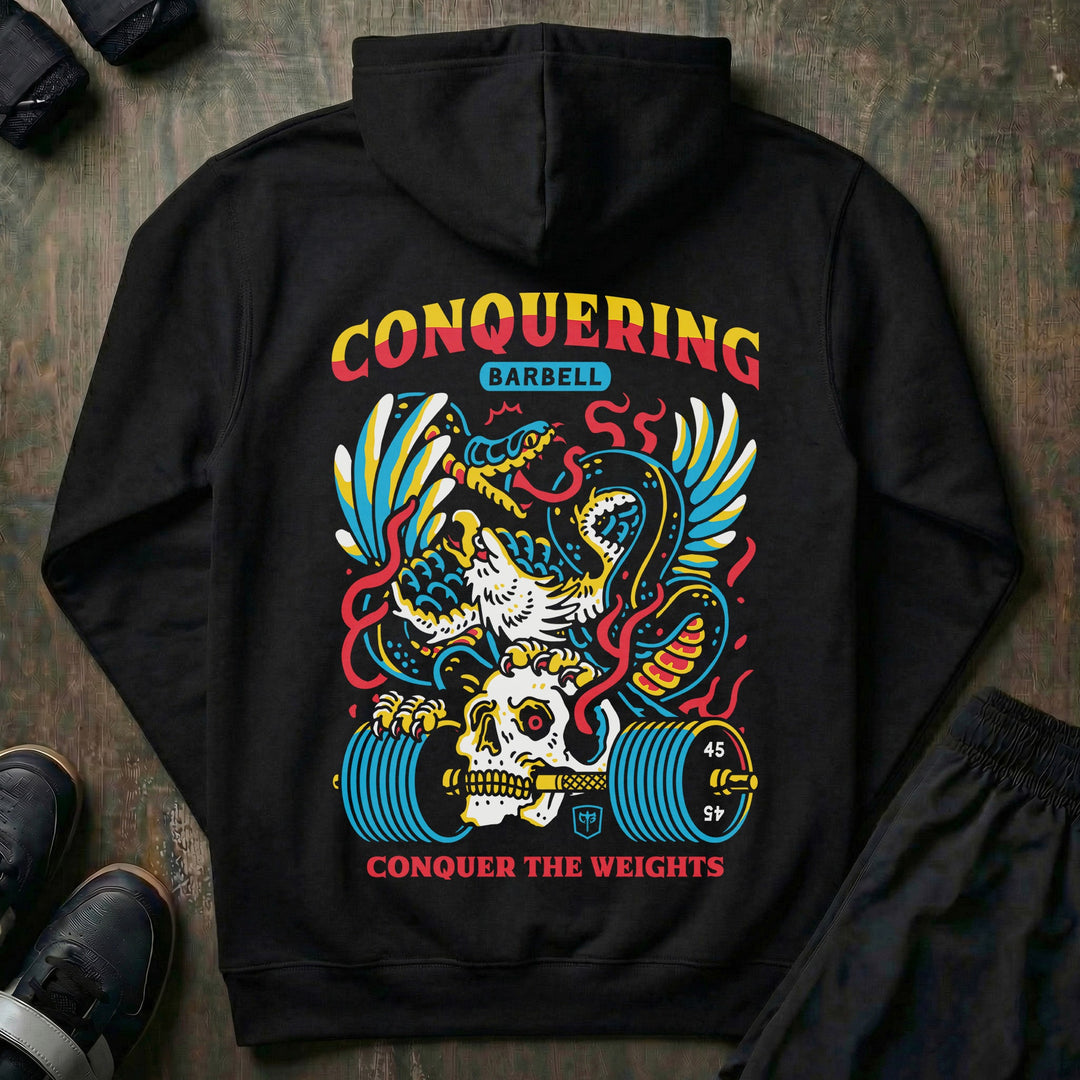 Conquer the Weights - Air Raid - on Black Pullover Hoodie - Conquering Barbell