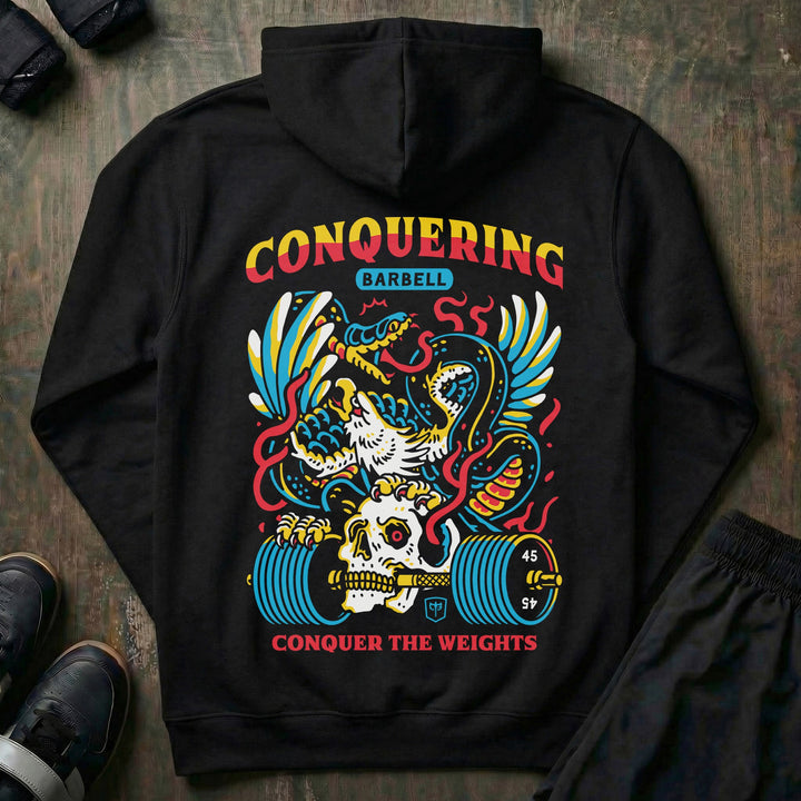 Conquer the Weights - Air Raid - on Black Pullover Hoodie - Conquering Barbell