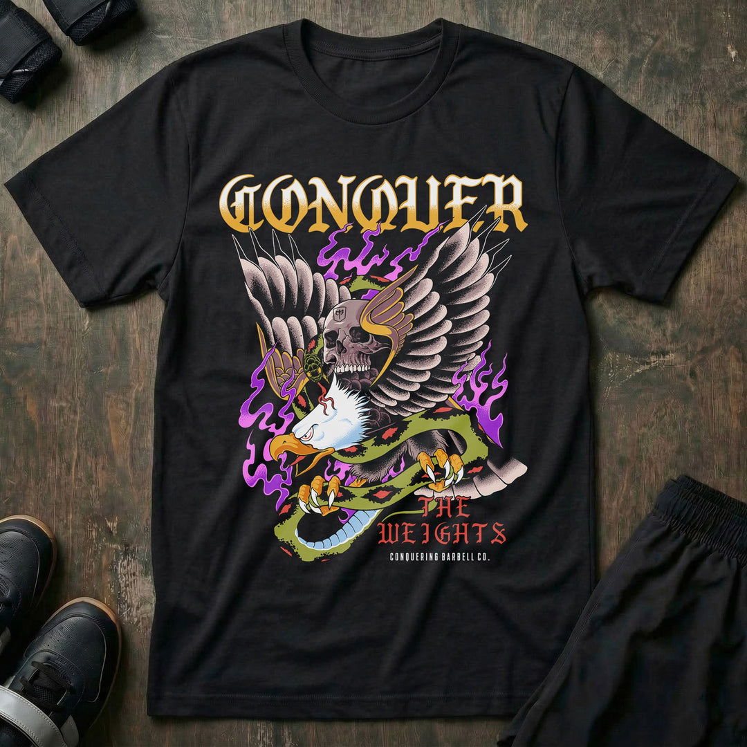 Conquer the Weights - Eagle - Black Tee - Conquering Barbell