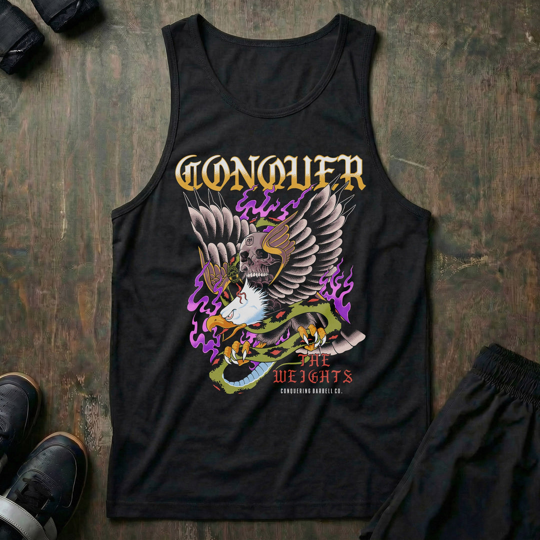 Conquer the Weights - Eagle - on Black tank top - Conquering Barbell