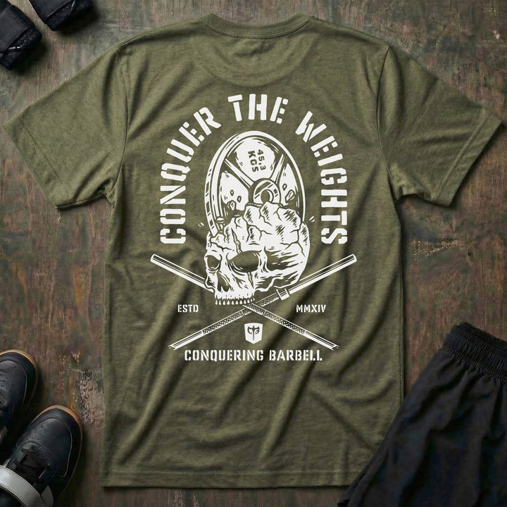 Conquer the Weights - Skull Smash Tee - Conquering Barbell