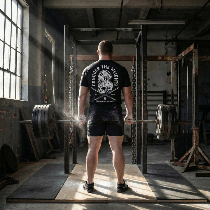 Conquer the Weights - Skull Smash Tee - Conquering Barbell