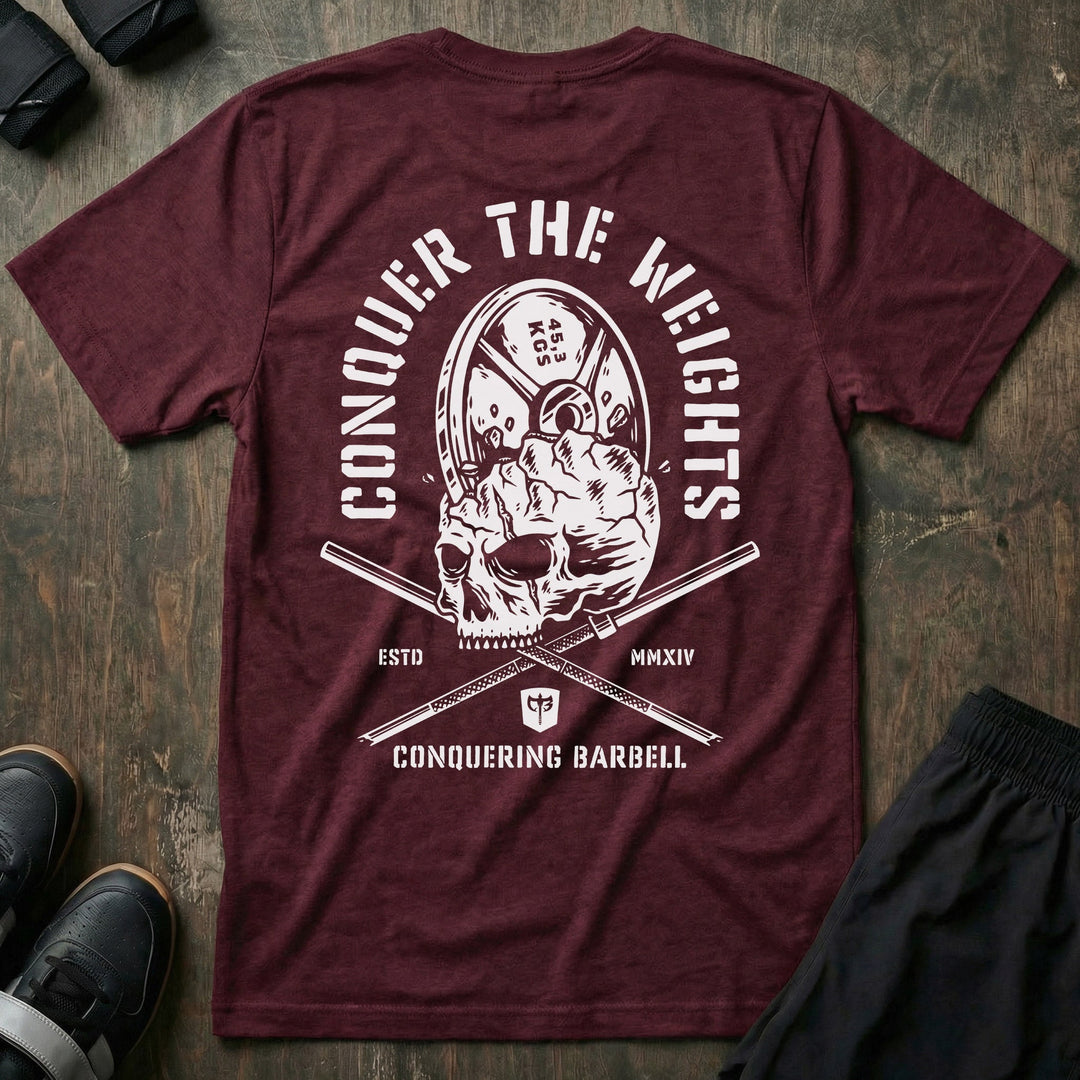 Conquer the Weights - Skull Smash Tee - Conquering Barbell