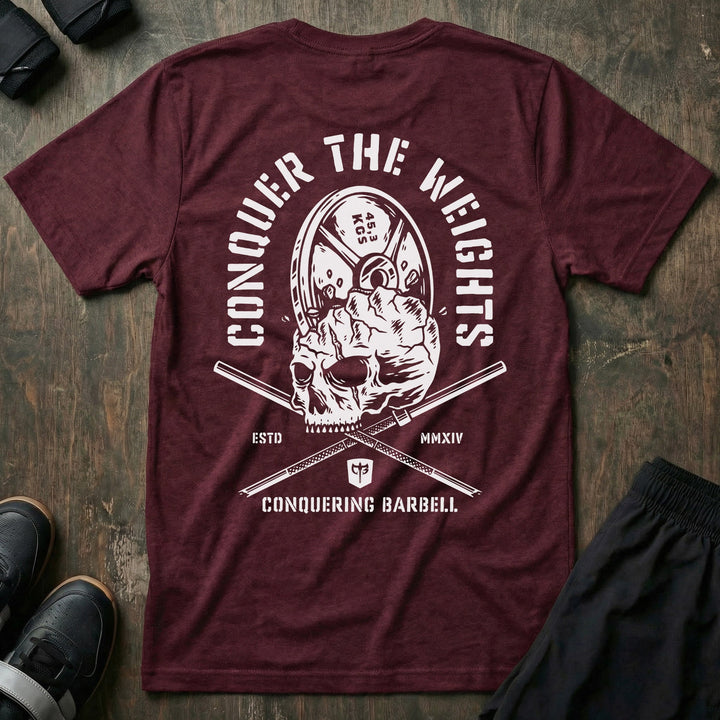 Conquer the Weights - Skull Smash Tee - Conquering Barbell