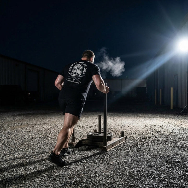 Conquer the Weights - Skull Smash Tee - Conquering Barbell