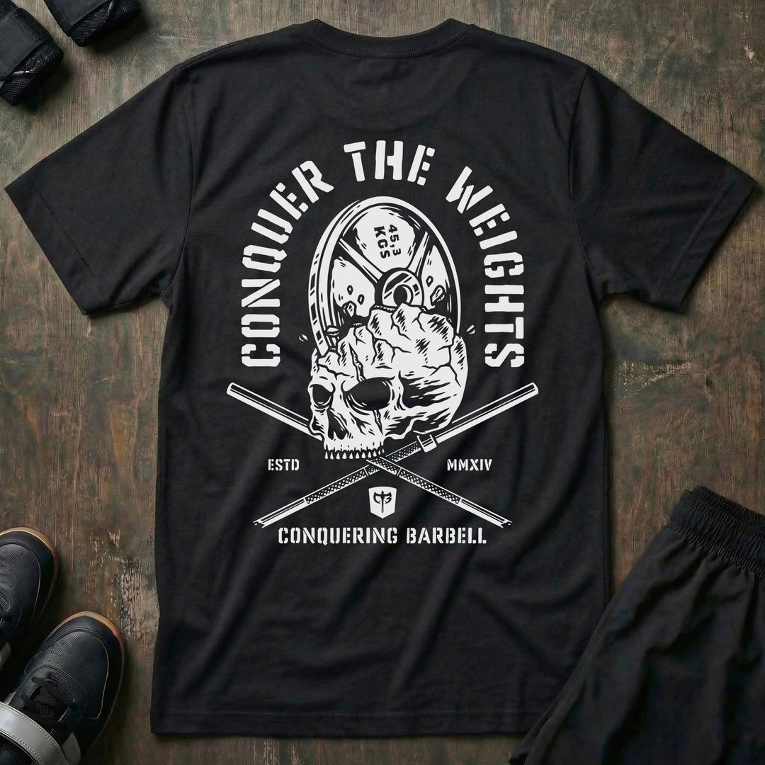 Conquer the Weights - Skull Smash Tee - Conquering Barbell