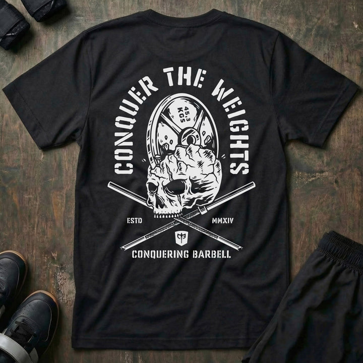 Conquer the Weights - Skull Smash Tee - Conquering Barbell