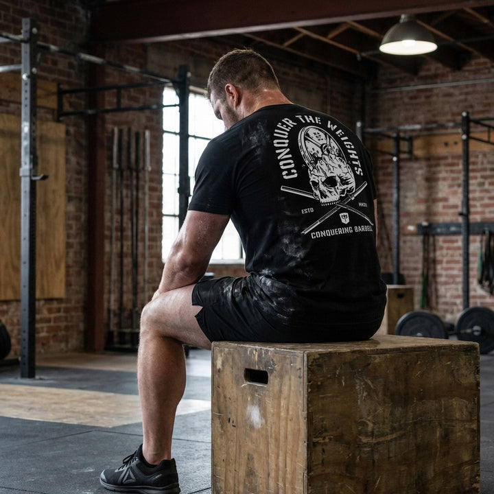 Conquer the Weights - Skull Smash Tee - Conquering Barbell